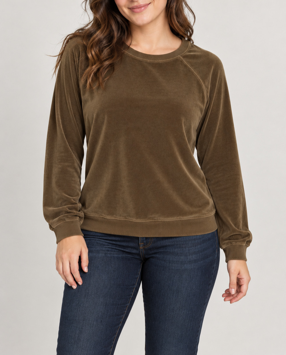 Aerie Olive Velour Pullover Sweatshirt Womens Medium Raglan Long Sleeve Y2K
